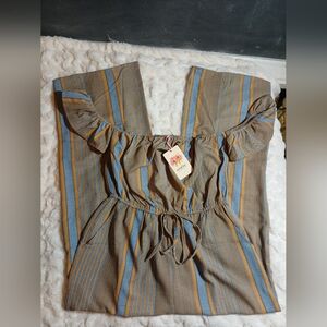 Entro Off The Shoulder Ruffled Jumpsuit M Mustard Blue Boho Stripe One Piece